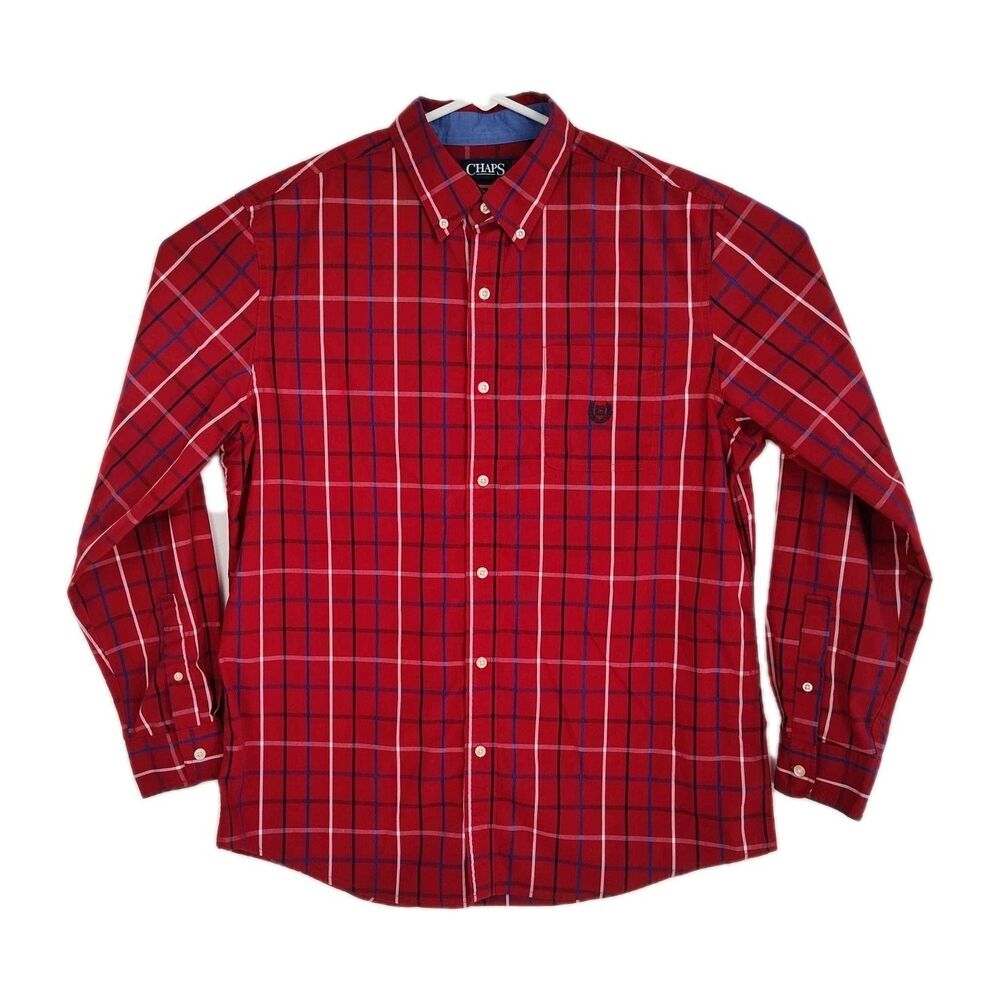 Chaps Button-Up‎ Shirt Men's L Red/Blue Plaid Long Sleeves Stretch Easy Care
